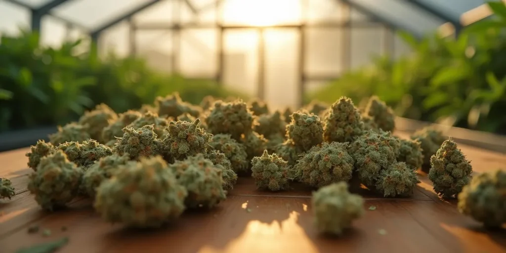 Cannabisblüten im Gewächshaus, bereit zur Hash Herstellung.