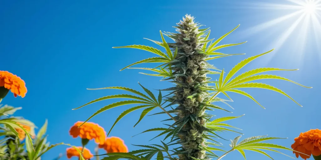 Berry Zkittlez Outdoor-Cannabispflanze bei Sonnenlicht.