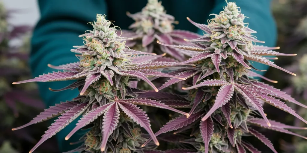 Berry Zkittlez Pflanze mit violetten Blättern und Blüten.