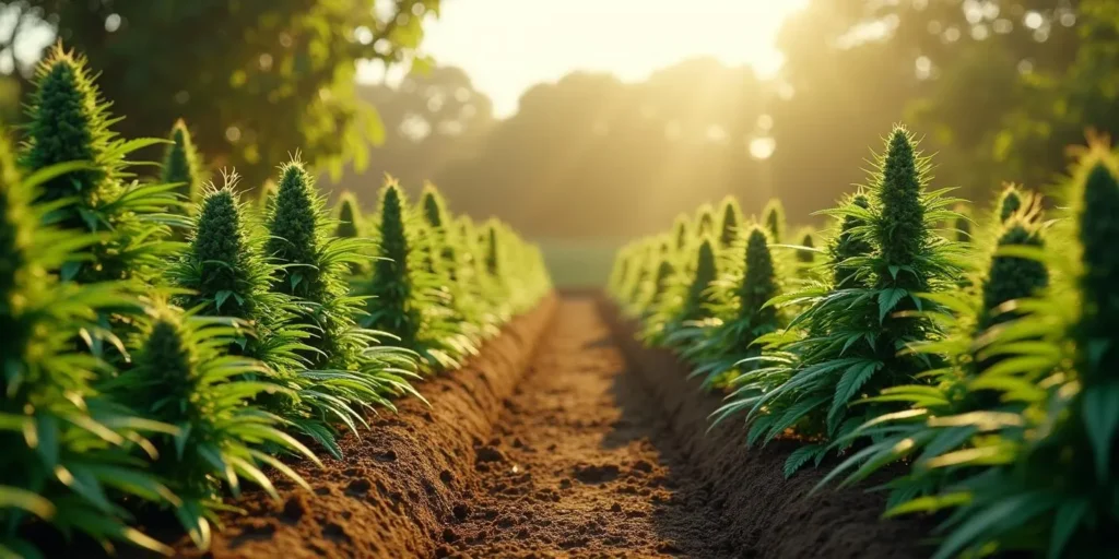 Big Bud Auto Pflanzen im Freilandanbau bei Sonnenuntergang.