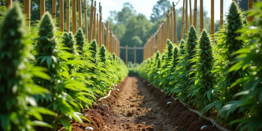 Big Bud Auto Pflanzen wachsen gleichmäßig und stark unterstützt durch ein Stützsystem, ideal für große Ernten im Freiland.