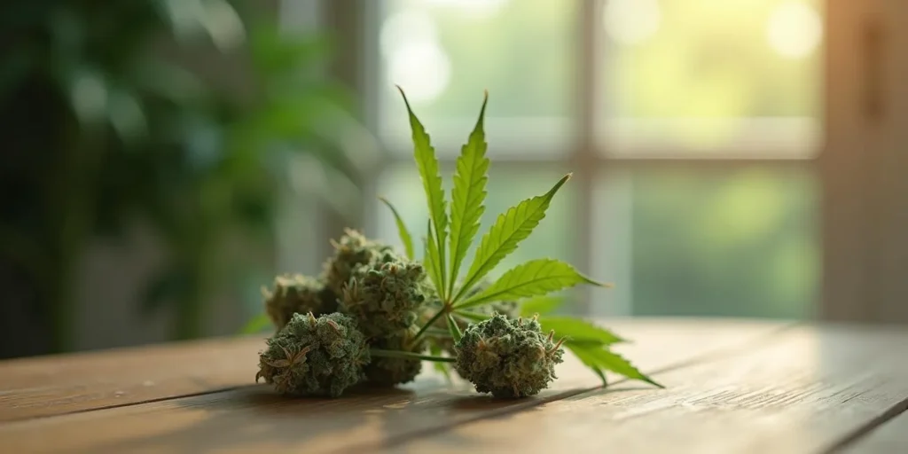 Getrocknete Cannabisblüten mit eingerolltem Blatt auf Holztisch.