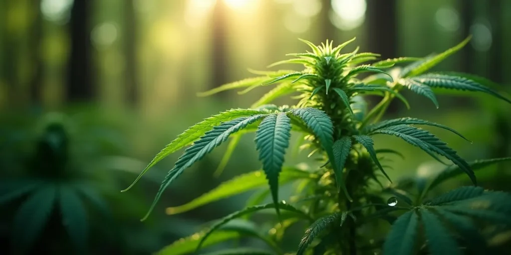 Cannabispflanze im Wald mit eingerollten Blättern bei Sonnenlicht.