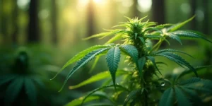 Cannabispflanze im Wald mit eingerollten Blättern bei Sonnenlicht.
