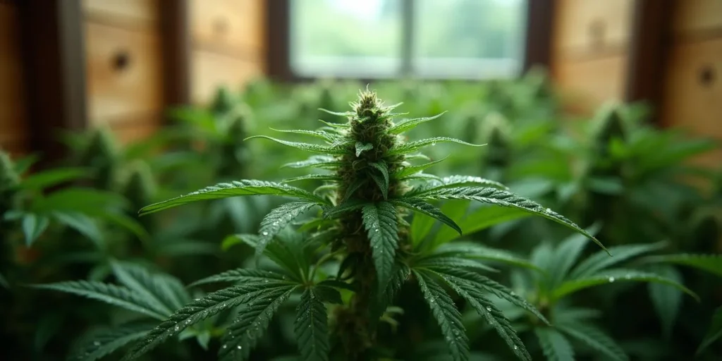 Detailaufnahme einer reifen Cannabispflanze im Mini Gewächshaus.