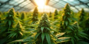 Autoflower-Cannabispflanzen im Gewächshaus während der Blüte.