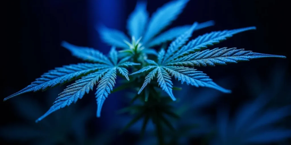 Cannabisblatt unter UV-Licht: Nahaufnahme im bläulichen Licht.