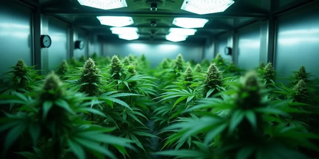 Cannabispflanzen unter künstlichem UV-LED-Licht in einer Growbox.