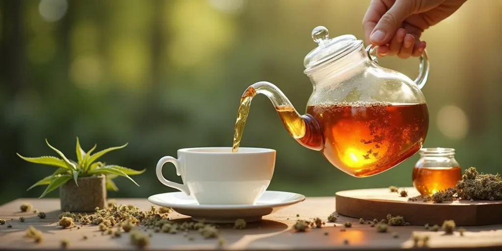 Glasteekanne gießt CBD Blüten Tee in eine Tasse auf einem Holztisch im Freien.