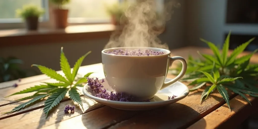 Tasse mit dampfendem CBD Blüten Tee, umgeben von Hanf- und Lavendelblüten.