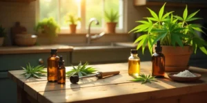 Utensilien und Zutaten zur Herstellung von CBD Öl auf Holztisch.