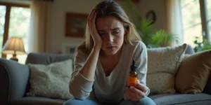 Junge Frau liegt müde im Bett mit CBD-Produkten nach Überdosierung.