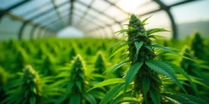 Cannabispflanzen im Gewächshaus mit integriertem Bewässerungssystem.