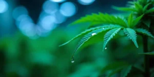 Nahaufnahme von Cannabisblättern mit Wassertropfen nach dem Gießen.