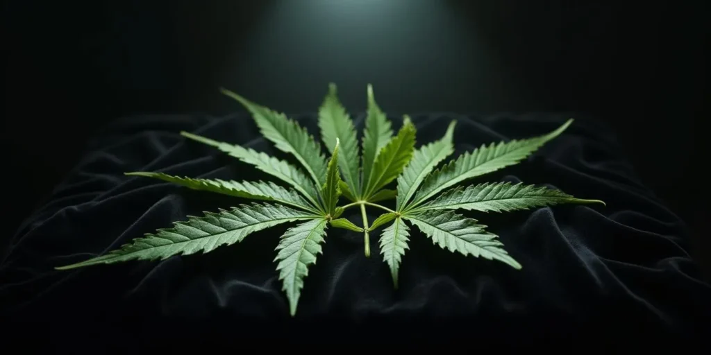 Einzelnes Cannabisblatt mit möglichem Insektenbefall auf dunklem Hintergrund.