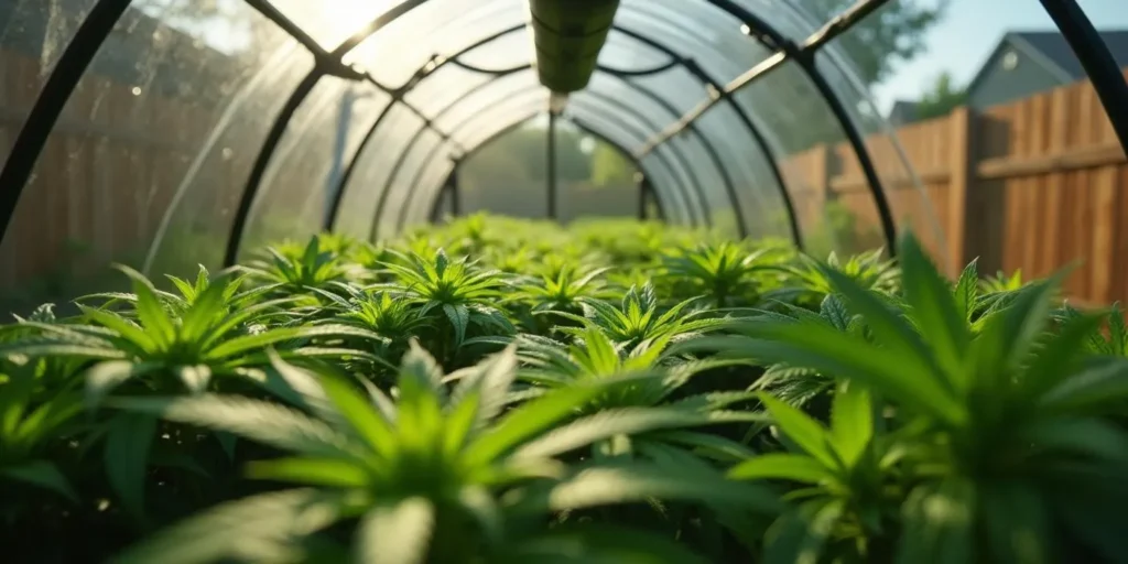 Cannabispflanzen wachsen in einem Tunnel-Gewächshaus bei Sonnenlicht.