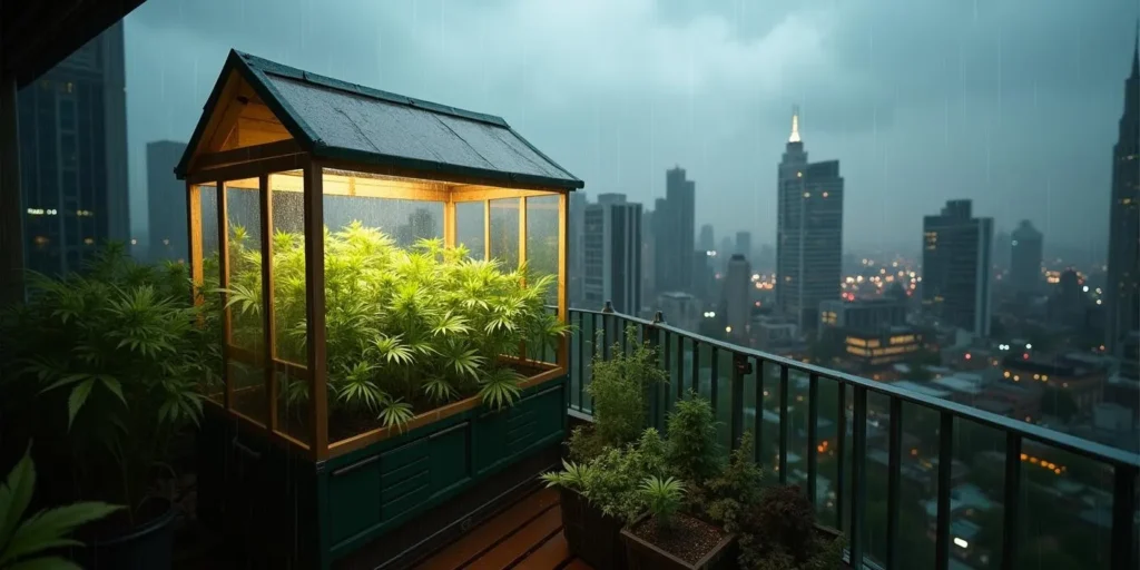 Cannabis Mini Gewächshaus auf einem Hochhausbalkon bei Regen.