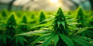Cannabis Pflanze mit Wassertropfen in geschütztem Gewächshaus.