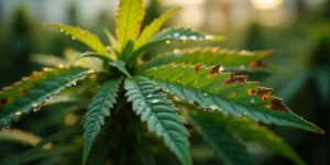 Cannabisblatt mit braunen Flecken durch Sonnenbrand.