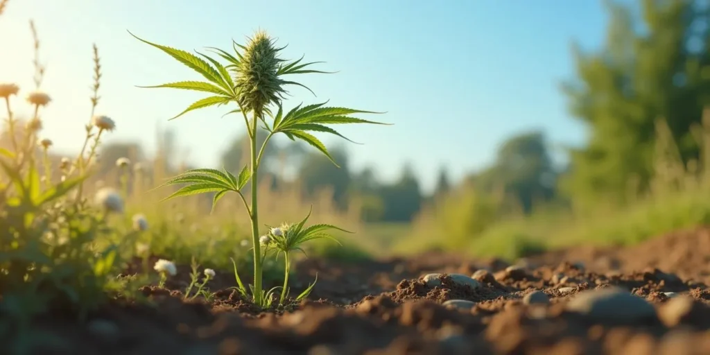 Junge Cannabispflanze mit früher Blütephase im Freien bei Sonnenlicht.