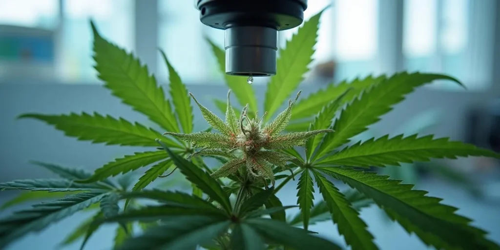 Cannabispflanze wird im Labor unter Mikroskop auf Schimmel untersucht.