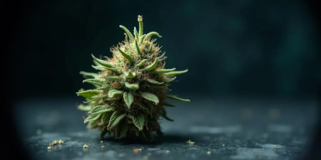 Cannabisblüte mit möglichem Schimmelbefall auf dunklem Hintergrund.