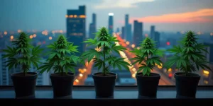 Cannabis in Töpfen auf dem Balkon mit Stadtblick bei Nacht.