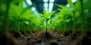 Junge Cannabispflanzen mit sichtbaren Wurzeln im Gewächshaus.
