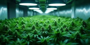 Gesundes, bestrahltes Cannabis unter LED-Licht in einer Growbox