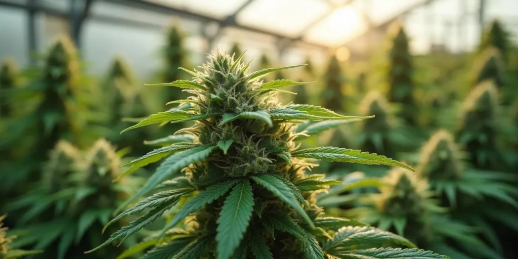 Cannabispflanze im Gewächshaus mit zu früher Blüteentwicklung.