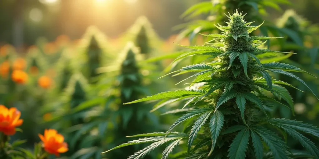 Cannabispflanze im Freien mit gesunden Blättern bei Sonnenlicht.