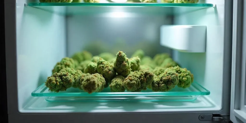 Cannabis im Kühlschrank trocknen auf Glasregalen für optimale Frische.