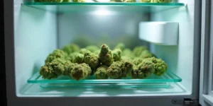 Cannabis im Kühlschrank trocknen auf Glasregalen für optimale Frische.