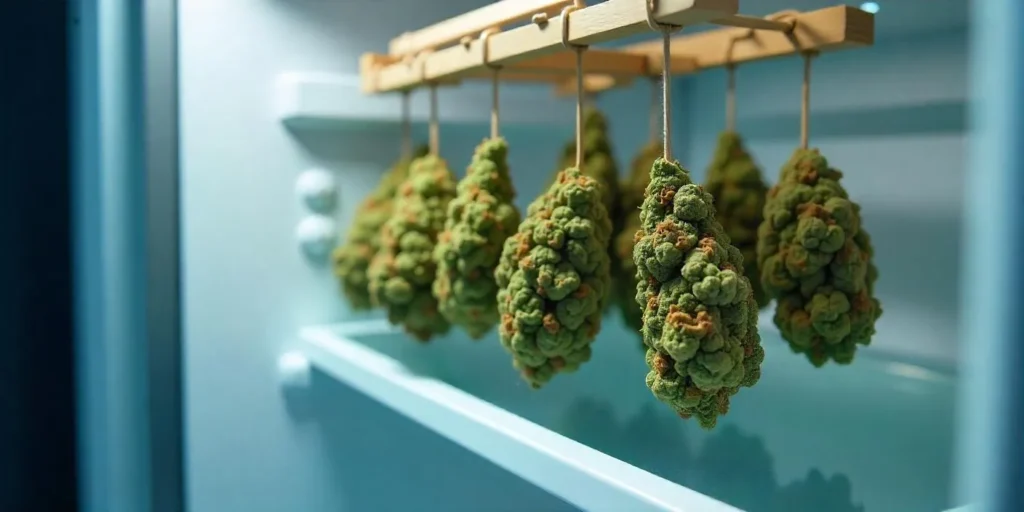 Cannabis im Kühlschrank hängend trocknen, um die Blüten optimal zu bewahren.