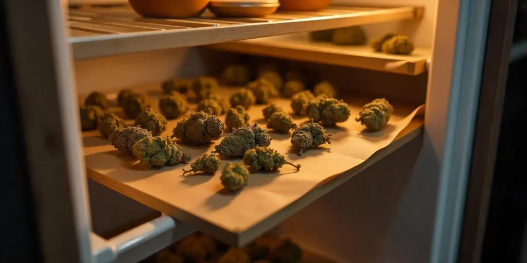Cannabis im Kühlschrank auf Holzregalen richtig trocknen, um Qualität zu erhalten.