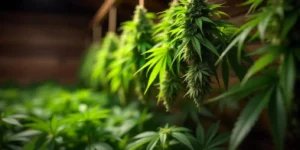 Aufgehängte Cannabisblüten in schattigem Trocknungsraum.