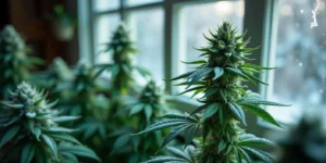 Reife Cannabispflanze vor Fenster mit verschneiter Winterlandschaft.