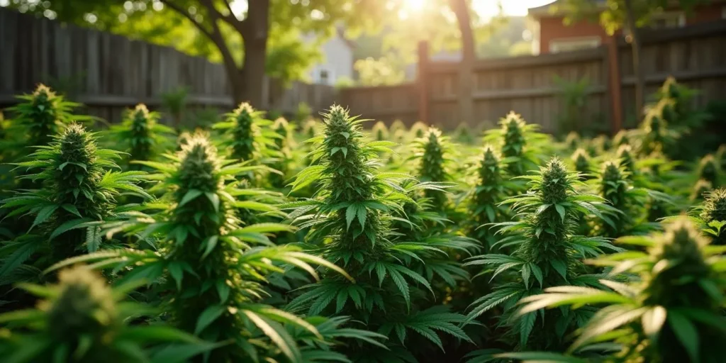 Gesunde Cannabispflanzen im Hausgarten nach natürlicher Düngung.