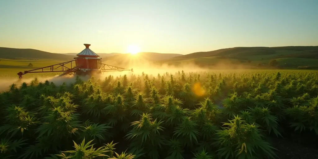 Maschine verteilt organische Düngemittel über Cannabisfeld bei Sonnenuntergang.