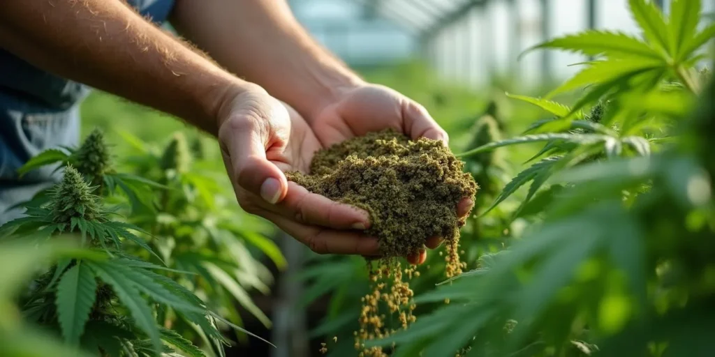 Gärtner verteilt natürlichen Dünger zwischen Cannabispflanzen in einem Gewächshaus.