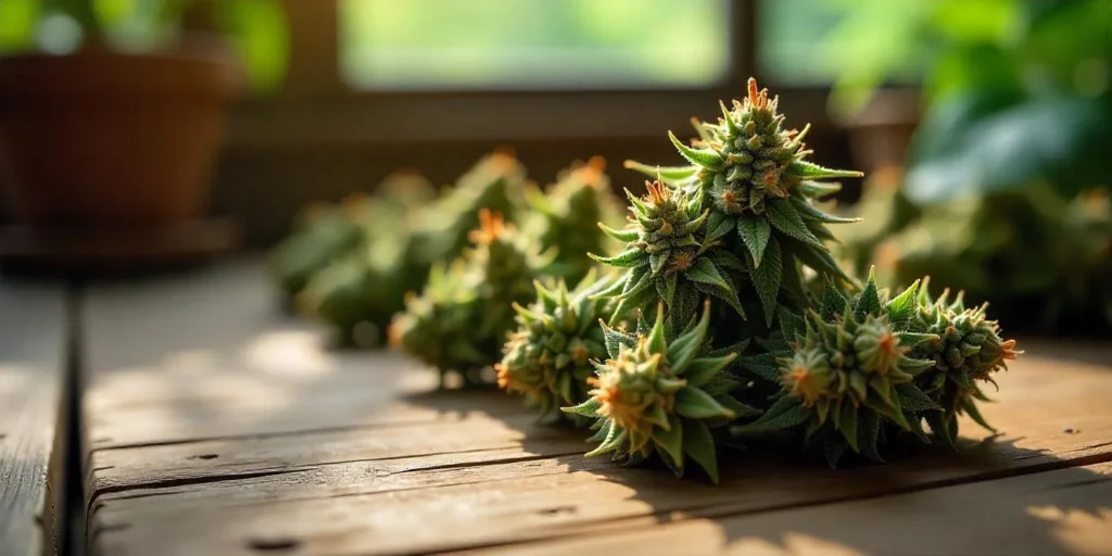 Getrocknete Cannabisblüten mit rötlichen Trichomen auf Holz.