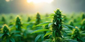 Cannabis mit neuen Blättern und leicht gelben Spitzen bei Sonnenlicht.