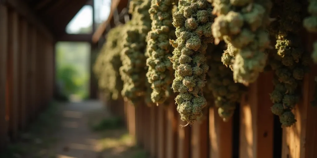 Hängende Cannabisblüten in einem sonnigen, warmen Trocknungsraum.