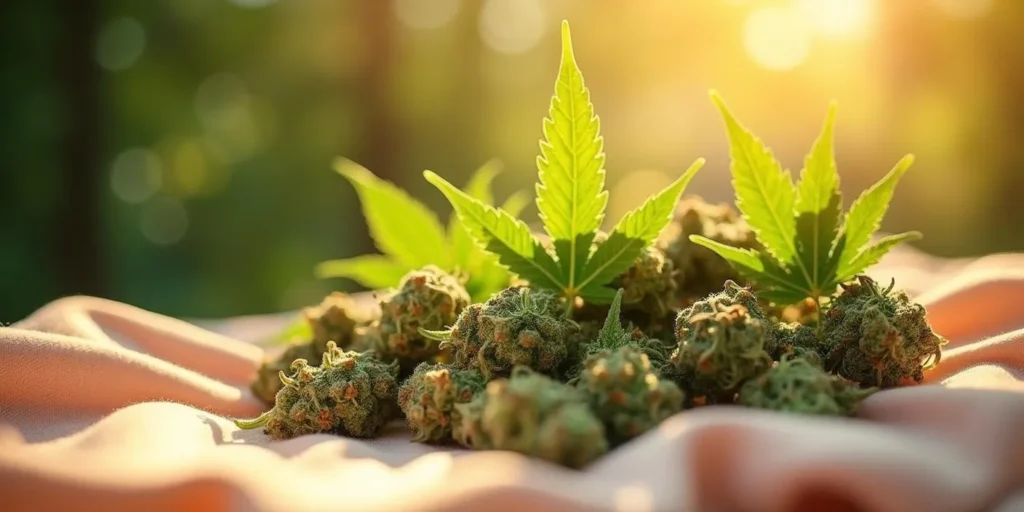 Getrocknete Cannabisblüten mit Hanfblättern bei starker Sonneneinstrahlung.