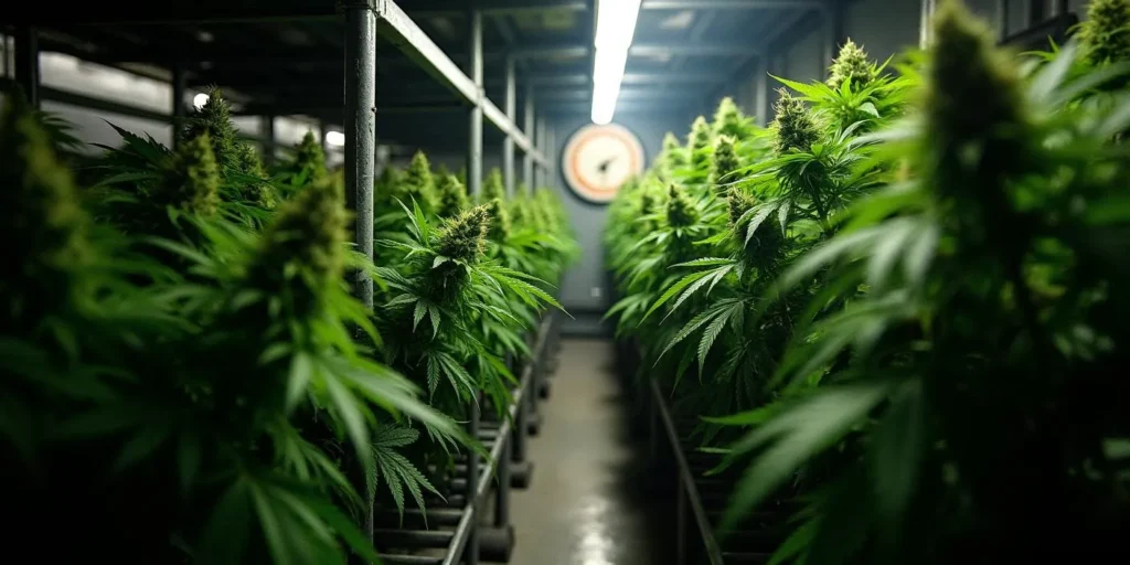 Indoor-Cannabis-Grow mit Thermometer im Hintergrund, potenziell zu heiß.