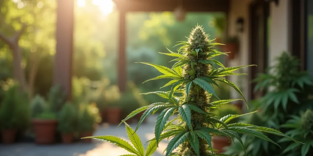 Eine Cannabispflanze blüht zu früh im Topf auf einer sonnigen Terrasse.