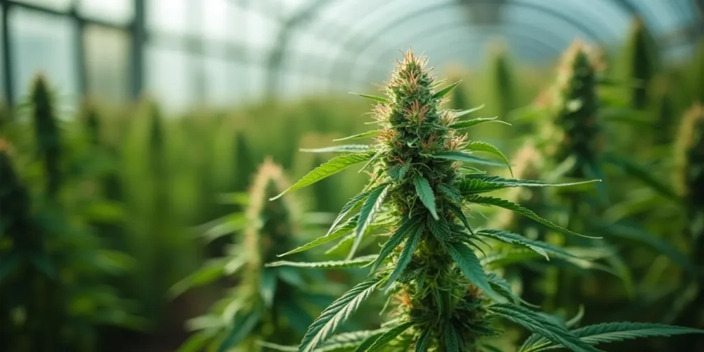 Eine Cannabispflanze blüht zu früh im Gewächshaus, umgeben von anderen Pflanzen.