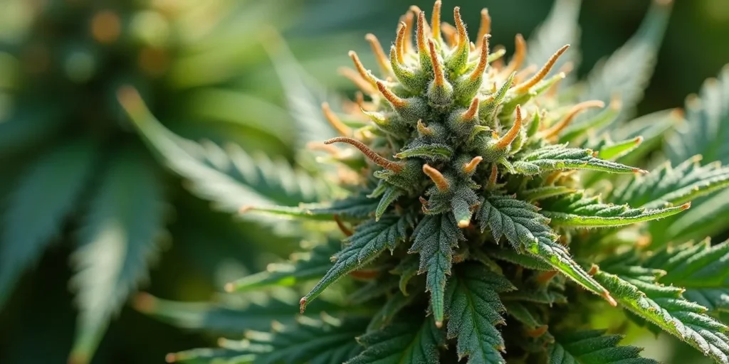 Detail einer Cannabispflanze mit dichter Blüte und orangen Härchen.