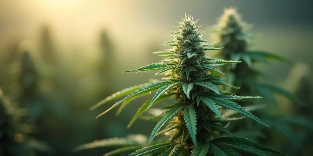 Nahaufnahme einer Cannabispflanze, die kaum in die Höhe wächst.
