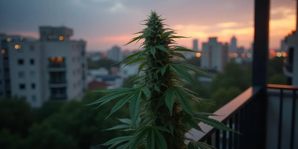 Hochgewachsene Cannabispflanze mit dünnem Stamm auf Stadtbalkon.